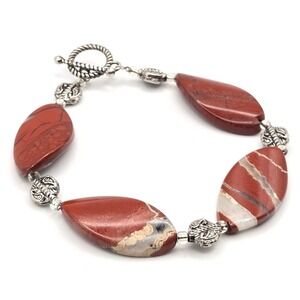 Handmade Red Jasper Bracelet  Natural Stone & Silver‑Tone Toggle Artisan 6.5 in